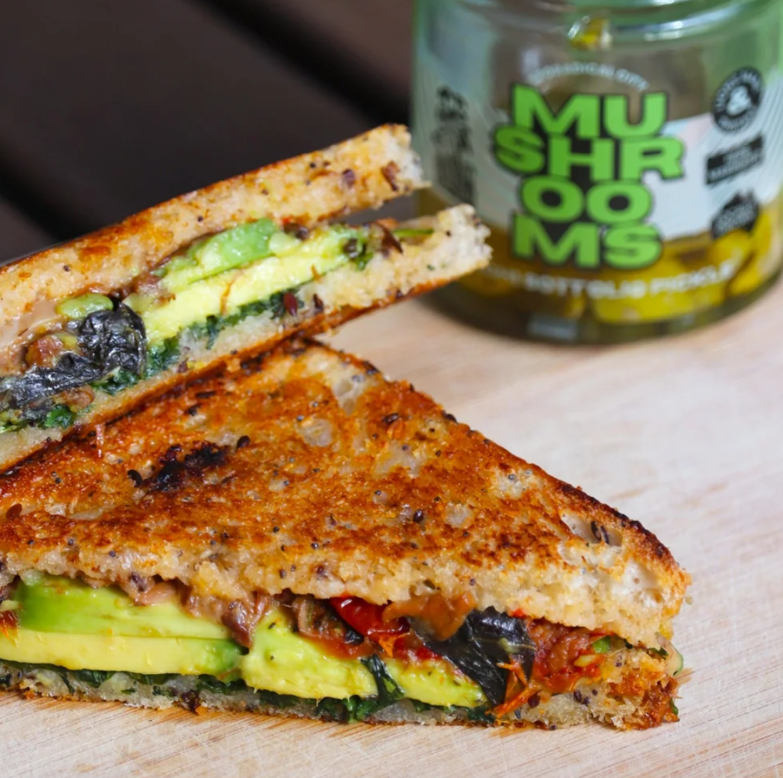 Toasted sandwich served with Sott’olio Funghi Pickle as a savoury accompaniment.