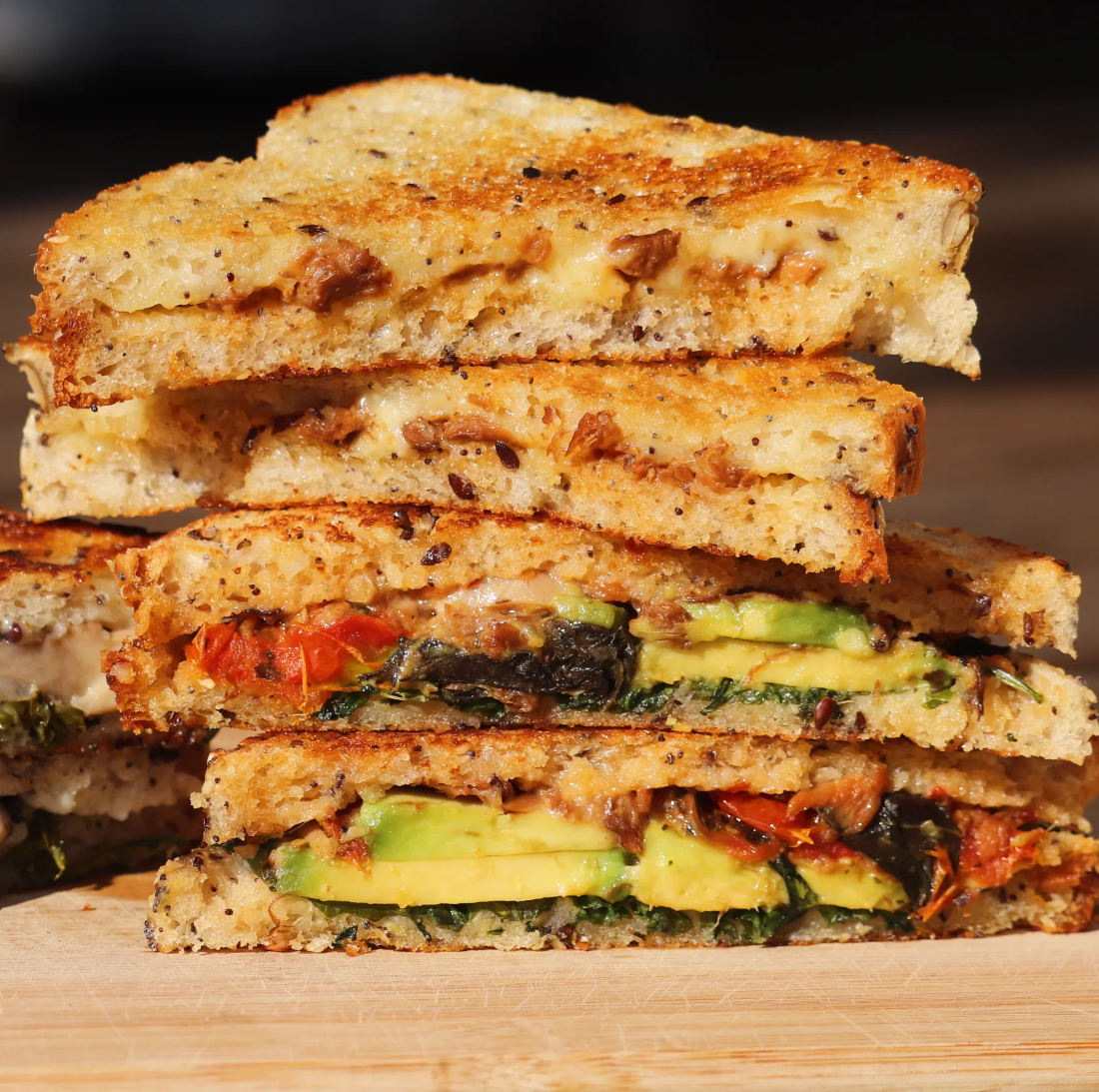 Toasted cheese sandwich with Umami Bomb OM XO mushroom sauce.