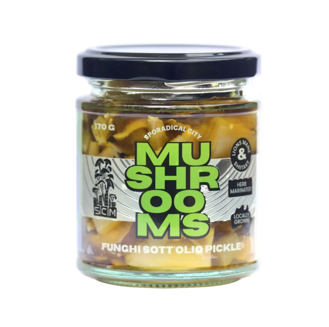 Sott’olio Funghi Pickle 170g jar by Sporadical City Mushrooms.