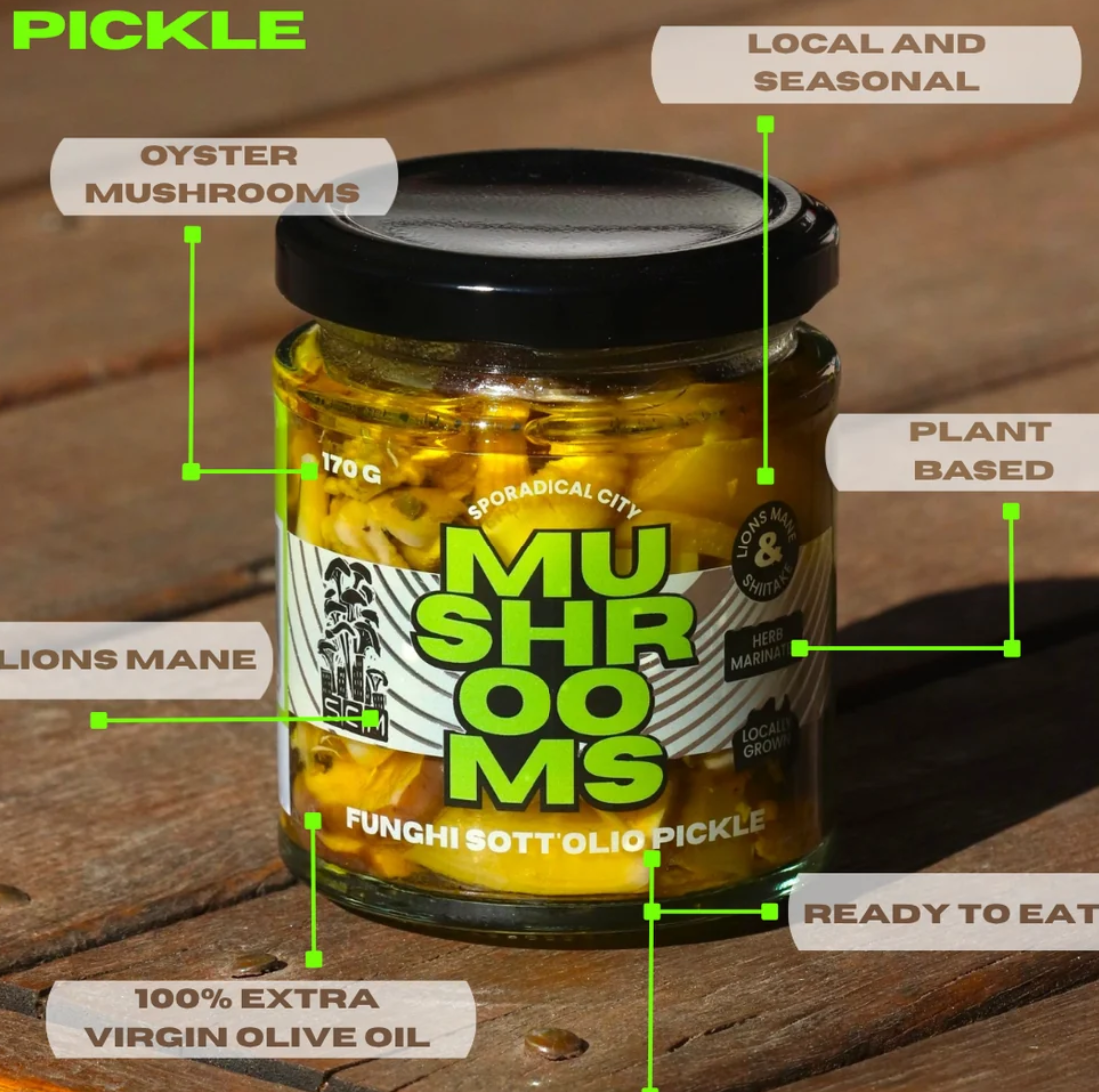 Close-up of Sott’olio Funghi Pickle showing mushrooms marinated in olive oil and spices.